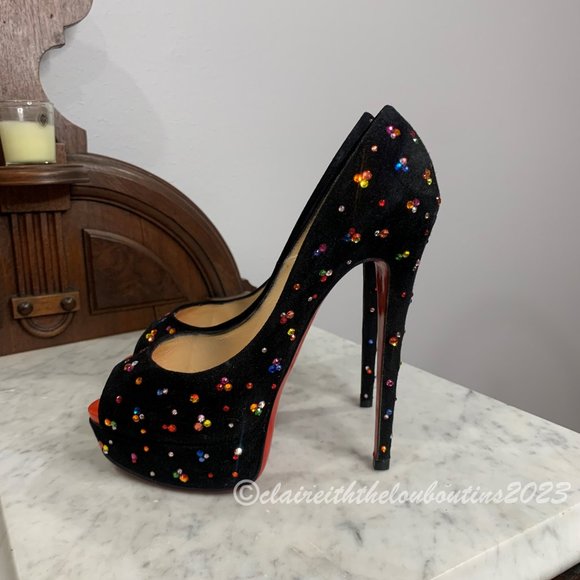Louboutin Lady Peep Clair de Lune Multi Strass Platform Pumps size 37